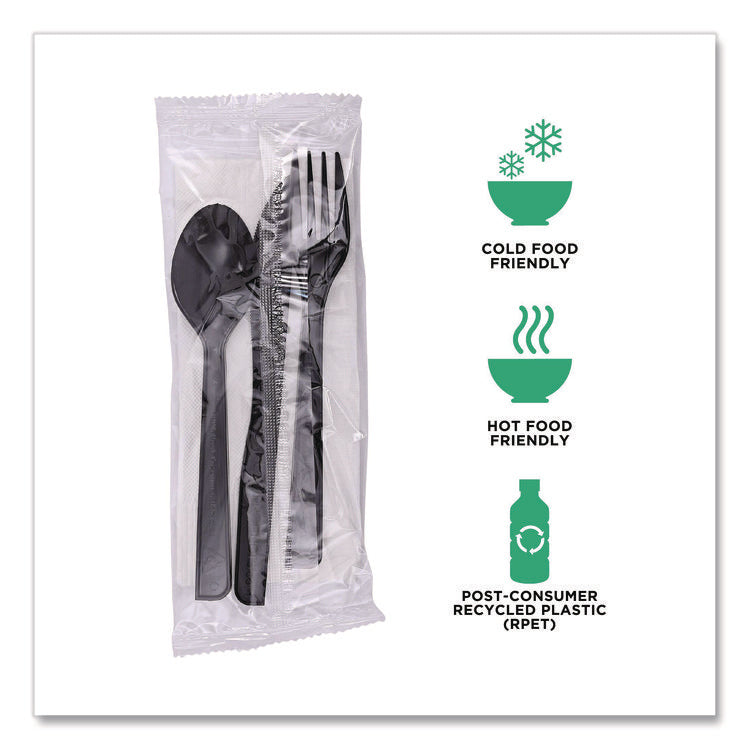 100% Recycled Content Cutlery Kit, Heavyweight Fork/Knife/Soup Spoon/Spoon, Plastic, Black, 250/Carton