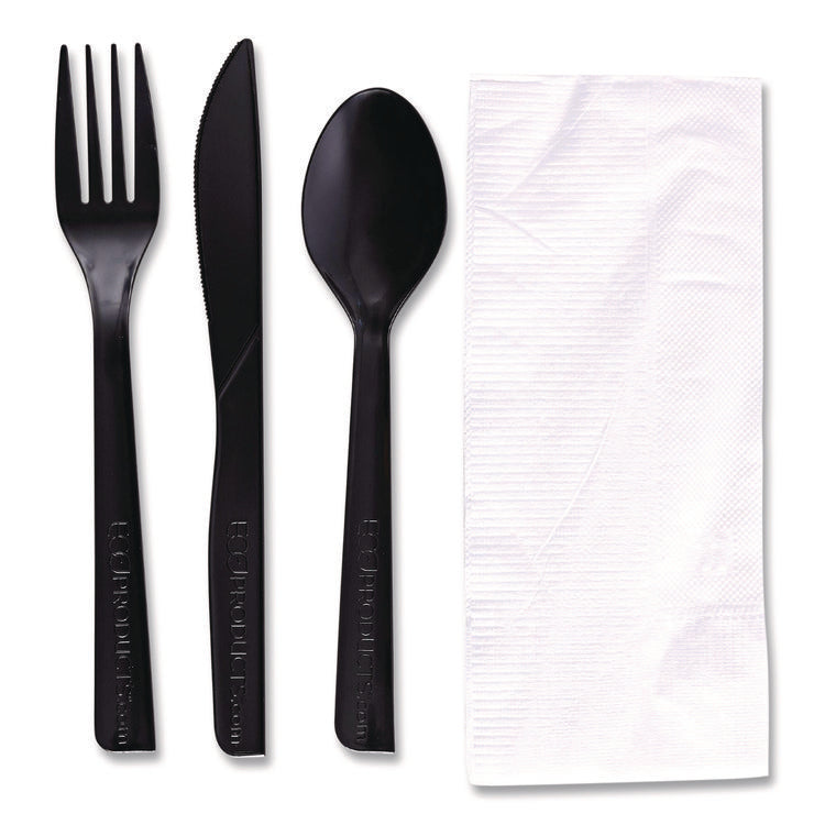 100% Recycled Content Cutlery Kit, Heavyweight Fork/Knife/Soup Spoon/Spoon, Plastic, Black, 250/Carton