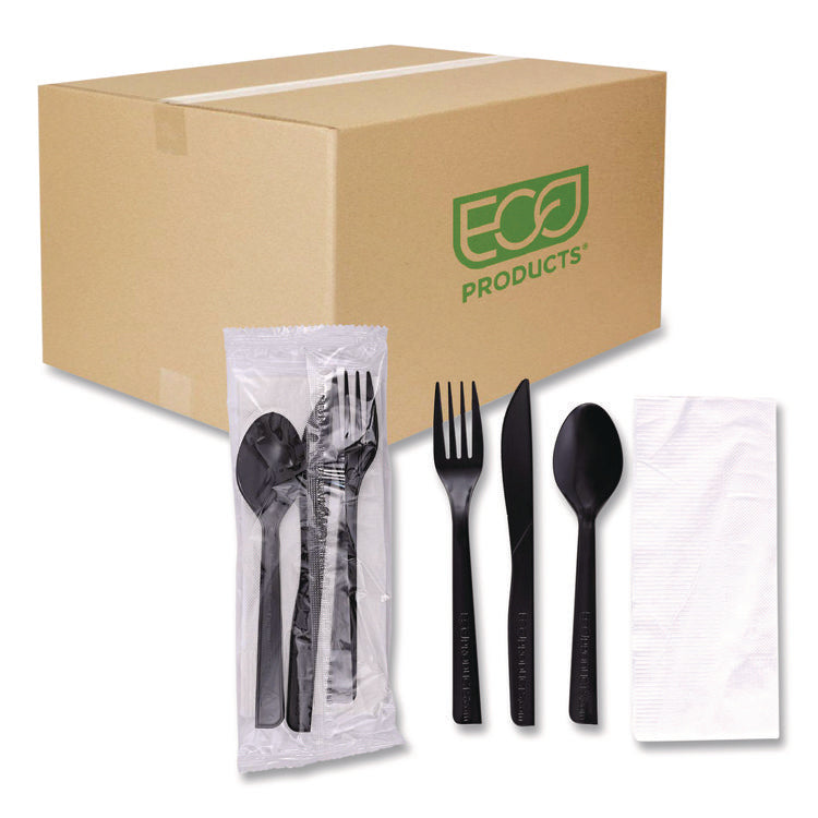 100% Recycled Content Cutlery Kit, Heavyweight Fork/Knife/Soup Spoon/Spoon, Plastic, Black, 250/Carton