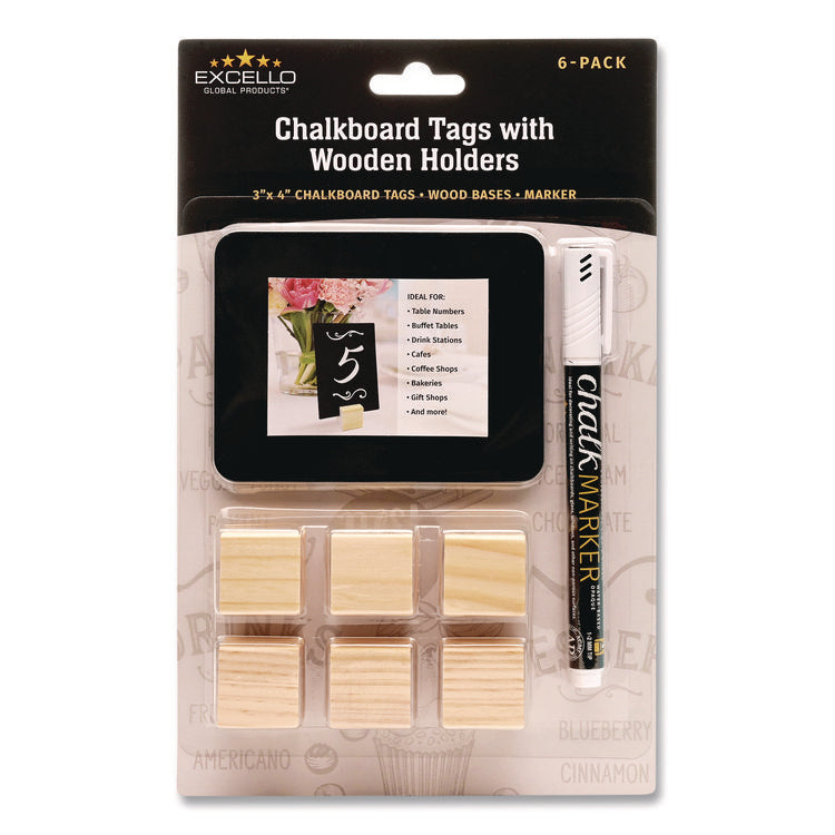 Tabletop Chalkboard Tag, Black Surface, Teak Wood Holder, 3 x 4, 6/Pack