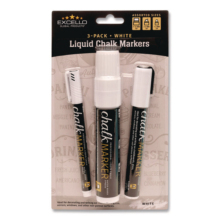 Liquid Chalk Markers, Assorted Tip Sizes and Types, White, 3/Pack