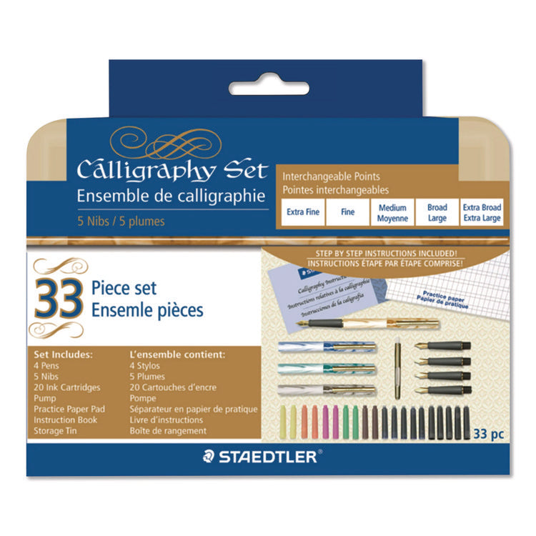Master the Art of Calligraphy Fountain Pen Set, 33 Pieces, (5) Nib Sizes, (7) Ink Colors, (4) Barrel Colors