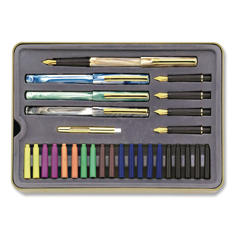 Master the Art of Calligraphy Fountain Pen Set, 33 Pieces, (5) Nib Sizes, (7) Ink Colors, (4) Barrel Colors