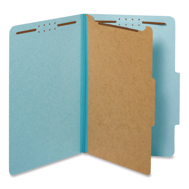 Colored Pressboard Top Tab Classification Folders, 1.75" Expansion, 1 Divider, 4 Fasteners, Legal Size, Light Blue, 10/Box