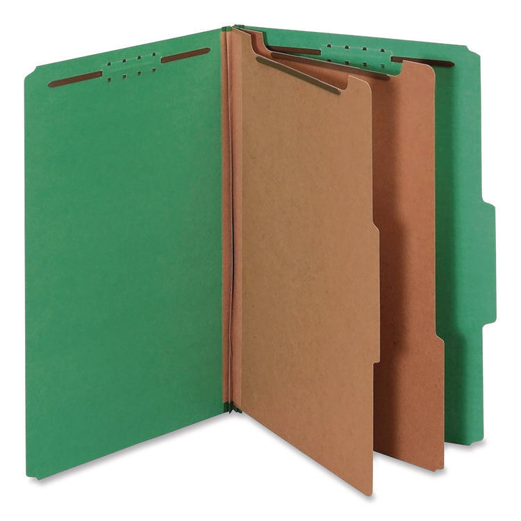 Colored Pressboard Top Tab Classification Folders, 2.5" Expansion, 2 Dividers, 6 Fasteners, Legal Size, Dark Green, 10/Box