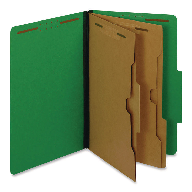 Pressboard Classification Folders with Two Full-Pocket Dividers, 2.5" Expansion, 6 Fasteners, Legal Size, Dark Green, 10/Box