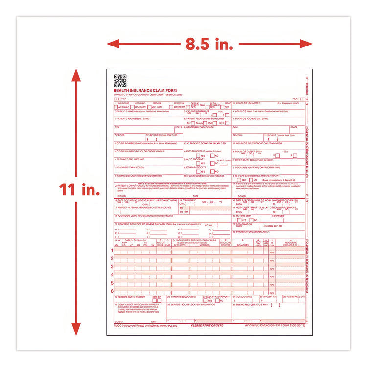 CMS-1500 Health Insurance Claim Form, One-Part (No Copies), 8.5 x 11, 1,000 Forms Total