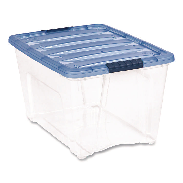 Stack and Pull Latching Flat Lid Storage Box, 13.5 gal, 22" x 16.5" x 13.03", Clear/Translucent Blue