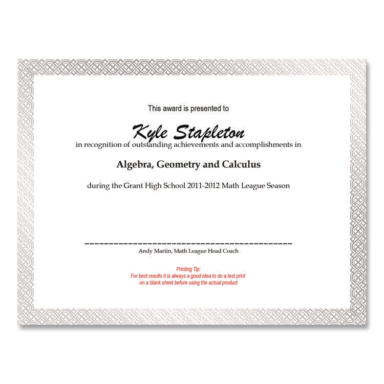 Foil Border Certificates, 8.5 X 11, White/silver With Braided Silver Border,15/pack