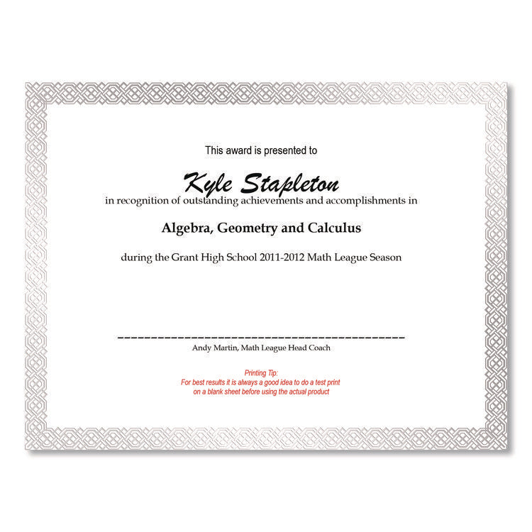 Foil Border Certificates, 8.5 X 11, Ivory/silver, Braided With Silver Border, 15/pack