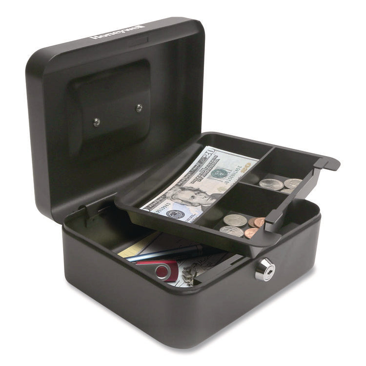 Cash Management Box, Removable Cash Tray, 7.9 X 6.5 X 3.5, Steel, Black