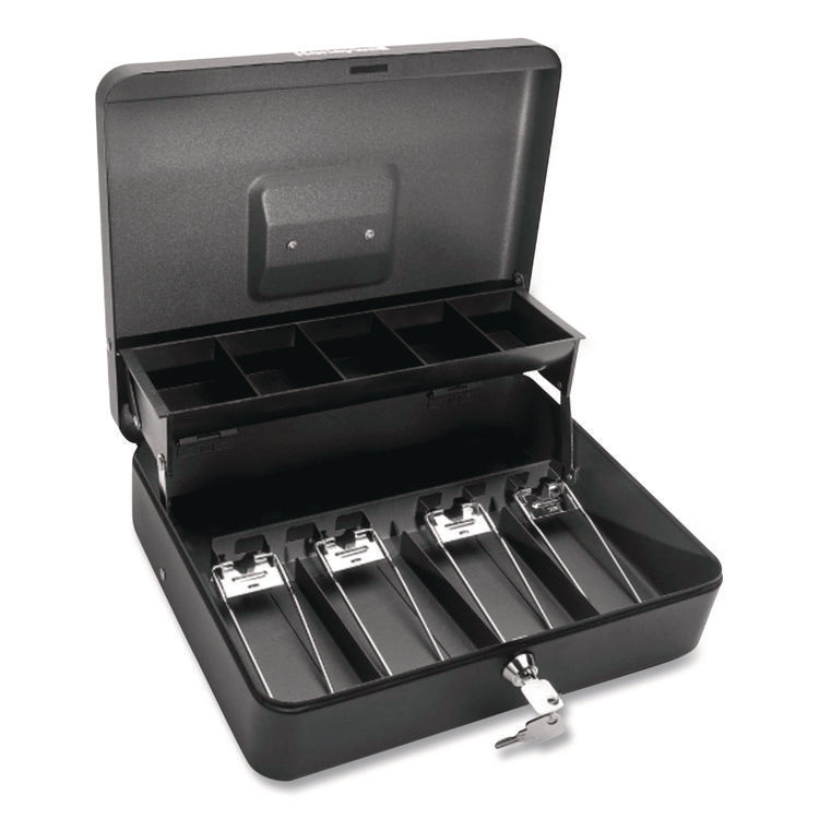 Tiered Cantidoor Lever Cash Box, 4 Bill, 5 Coin Slots, Key Lock, 11.9 X 9.7 X 3.5, Steel, Black