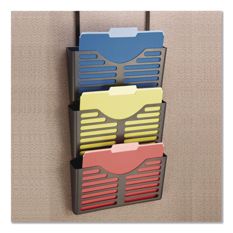 Recycled Plastic Cubicle Triple File Pocket, Cubicle Pins Mount, 13.5 x 4.75 x 28, Charcoal