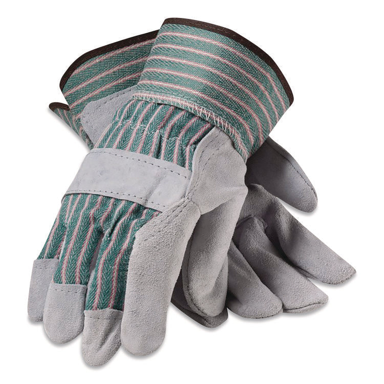 Bronze Series Leather/Fabric Work Gloves, Gunn Cut, Wing Thumb, Large (Size 9), Gray/Green, 12 Pairs