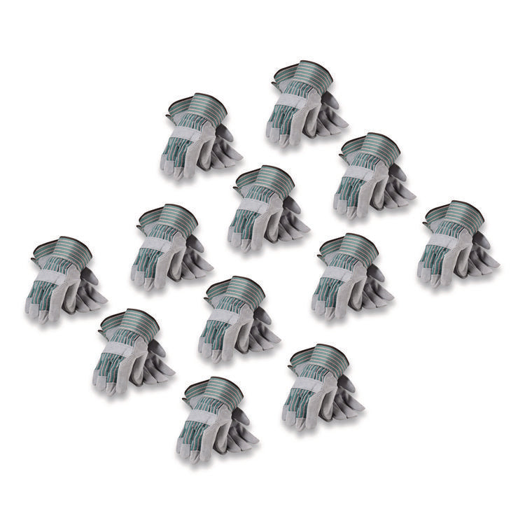 Bronze Series Leather/Fabric Work Gloves, Gunn Cut, Wing Thumb, Large (Size 9), Gray/Green, 12 Pairs