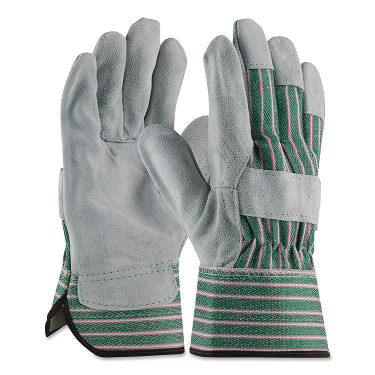 Bronze Series Leather/Fabric Work Gloves, Gunn Cut, Wing Thumb, Medium (Size 8), Gray/Green, 12 Pairs