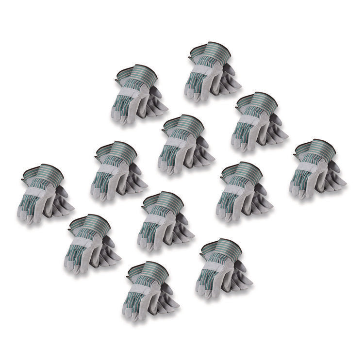 Bronze Series Leather/Fabric Work Gloves, Gunn Cut, Wing Thumb, Medium (Size 8), Gray/Green, 12 Pairs