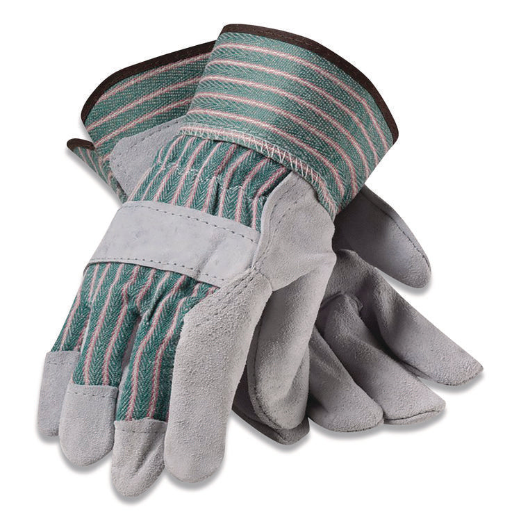 Bronze Series Leather/Fabric Work Gloves, Gunn Cut, Wing Thumb, X-Large (Size 10), Gray/Green, 12 Pairs