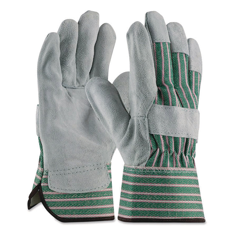 Bronze Series Leather/Fabric Work Gloves, Gunn Cut, Wing Thumb, X-Large (Size 10), Gray/Green, 12 Pairs