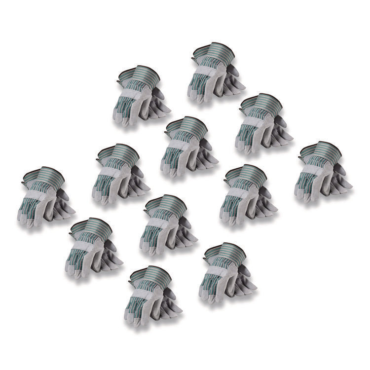 Bronze Series Leather/Fabric Work Gloves, Gunn Cut, Wing Thumb, X-Large (Size 10), Gray/Green, 12 Pairs