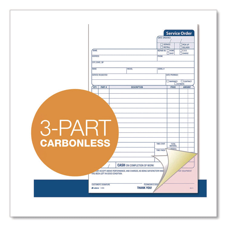 Work Order Form, Three-Part Carbonless, 5.66 x 9, 250 Sets/Pack