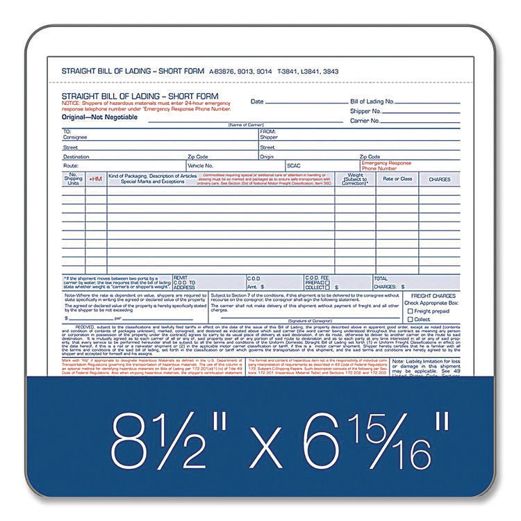 Bill of Lading - Short Form for Up to Ten Articles, Three-Part Carbonless, 8.5 x 6.94, 50 Forms Total