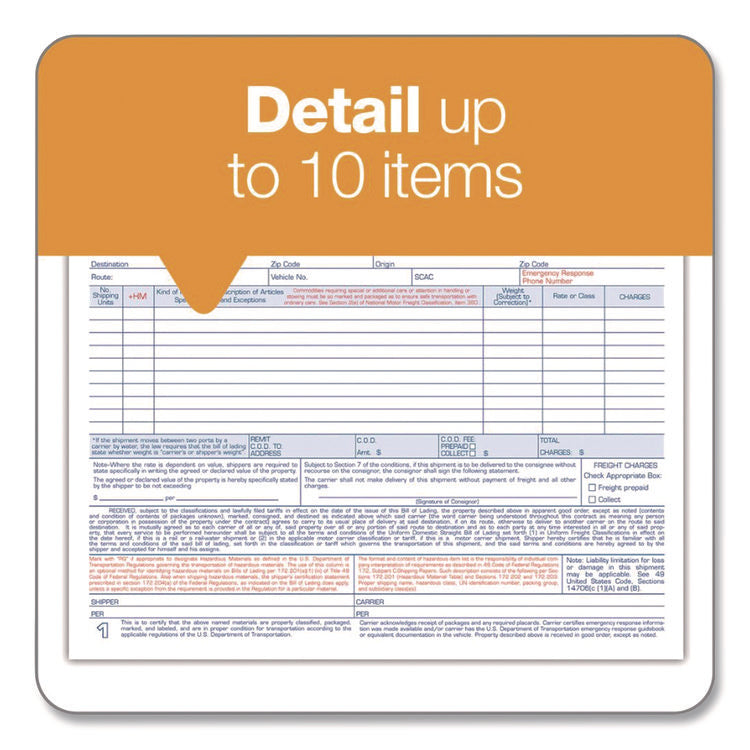 Bill of Lading - Short Form for Up to Ten Articles, Three-Part Carbonless, 8.5 x 6.94, 50 Forms Total