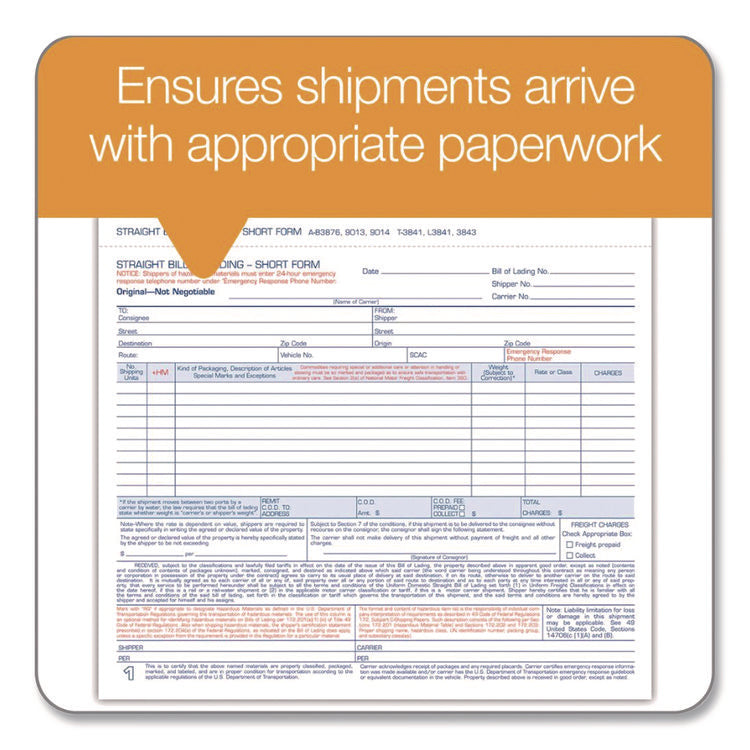 Bill of Lading - Short Form for Up to Ten Articles, Three-Part Carbonless, 8.5 x 6.94, 50 Forms Total