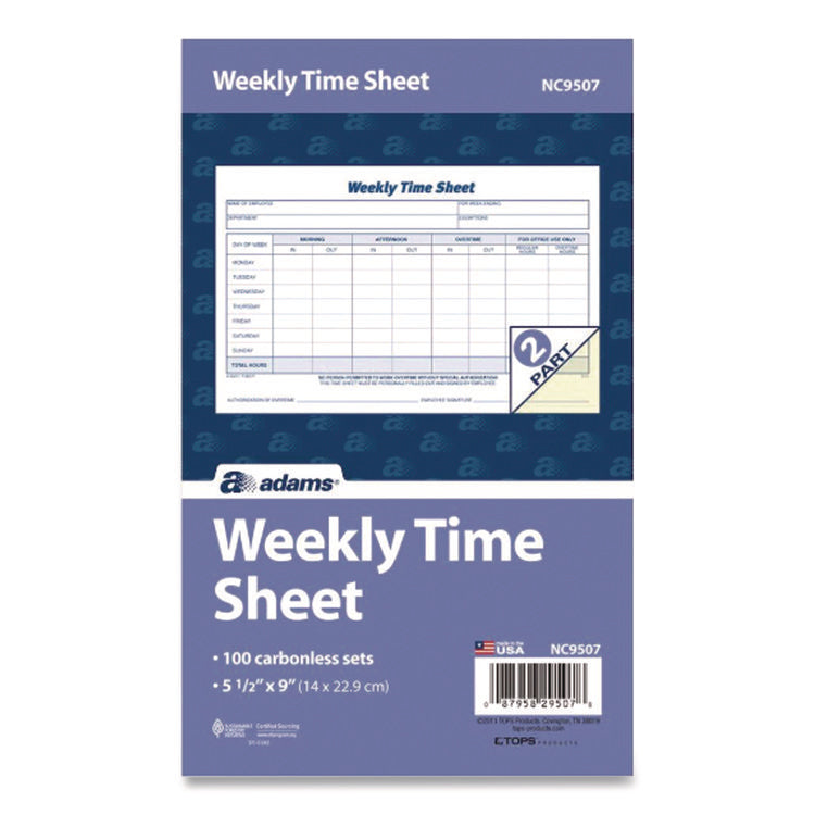 Weekly Time Sheets, One Part (No Copies), 8.5 x 5.5, 100 Forms/Pad, 2 Pads/Pack