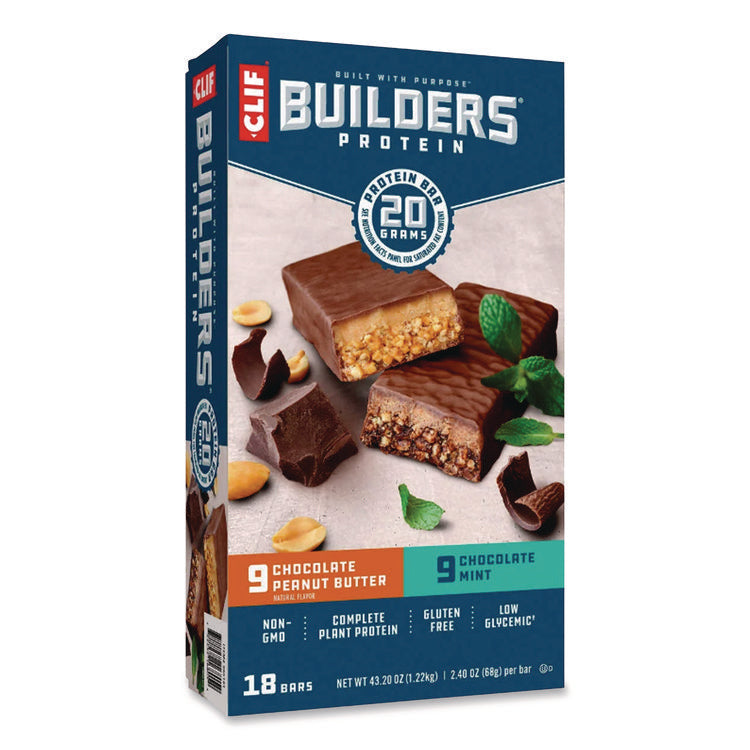 Builders Protein Bar, Chocolate Mint/Chocolate Peanut Butter, 2.4 oz Bar, 18 Bars/Box