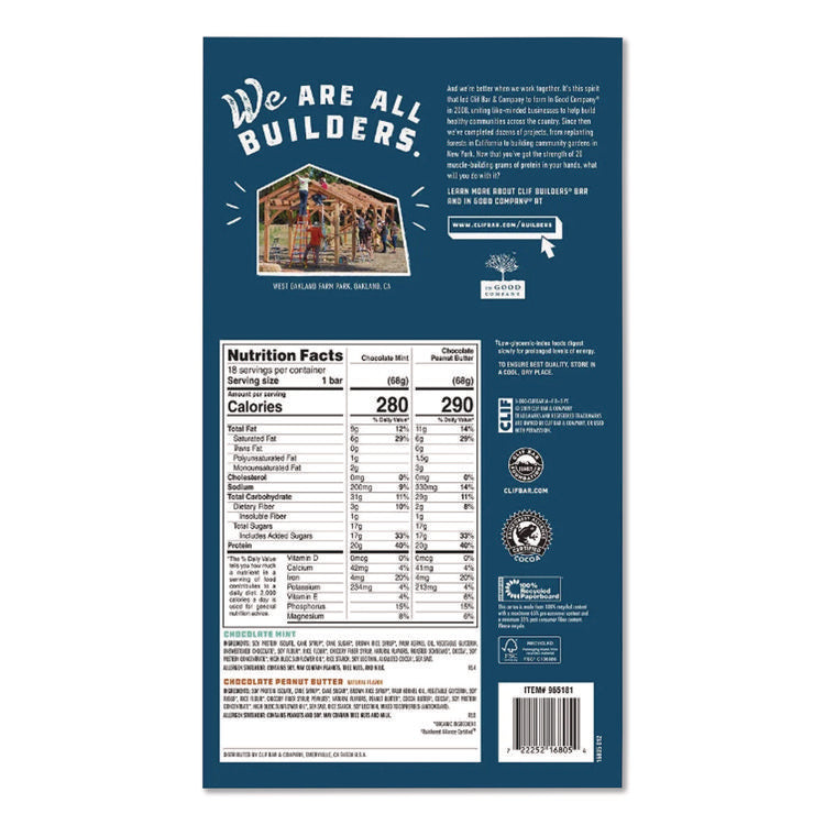 Builders Protein Bar, Chocolate Mint/Chocolate Peanut Butter, 2.4 oz Bar, 18 Bars/Box