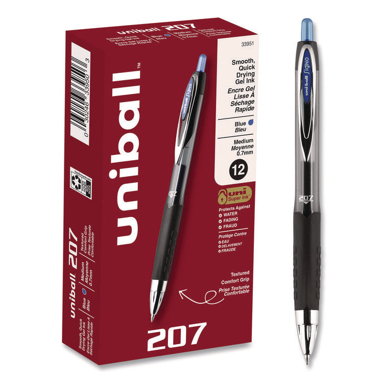 Signo 207 Gel Pen, Retractable, Medium 0.7 Mm, Blue Ink, Smoke/black/blue Barrel, Dozen