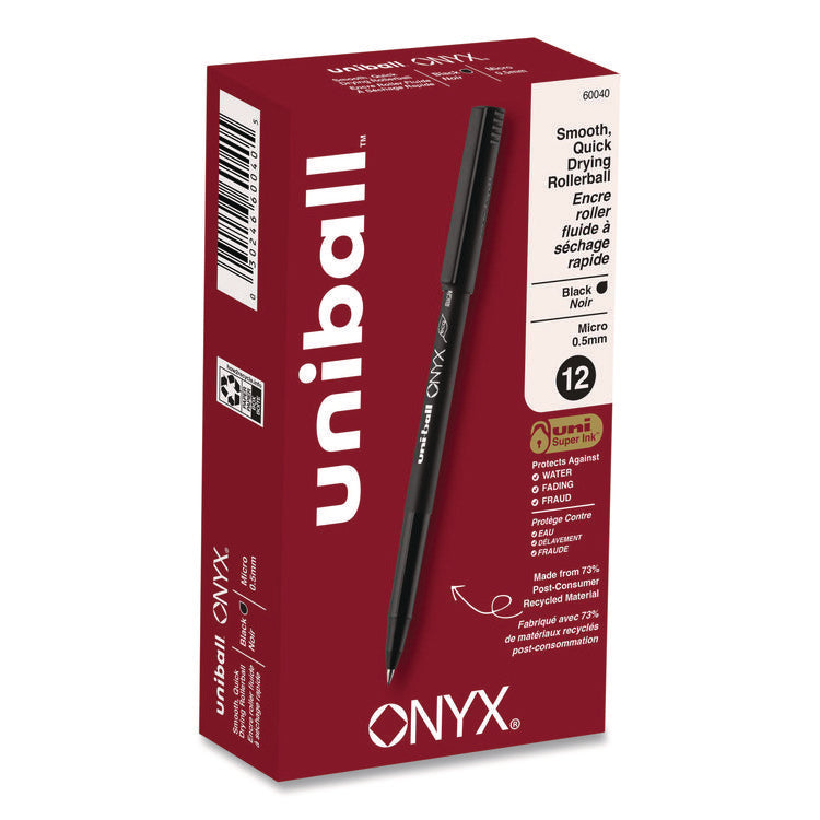 ONYX Rollerball Pen, Stick, Extra-Fine 0.5 mm, Black Ink, Black Barrel, Dozen