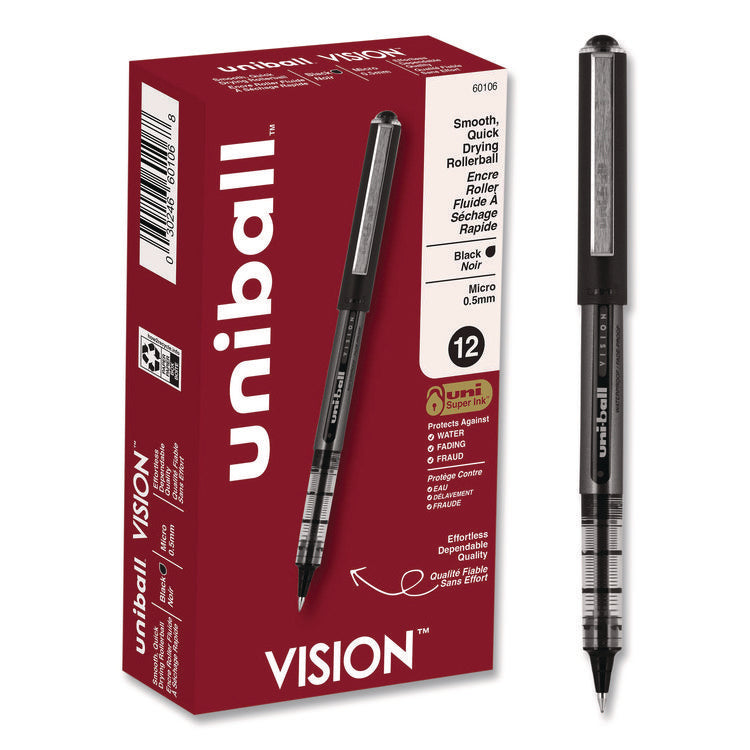 VISION Rollerball Pen, Stick, Extra-Fine 0.5 mm, Black Ink, Gray/Black/Clear Barrel, Dozen