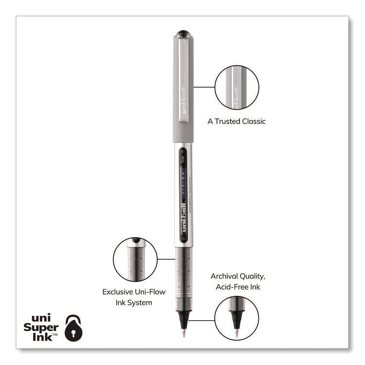 VISION Rollerball Pen, Stick, Fine 0.7 mm, Black Ink, Silver/Black/Clear Barrel, Dozen