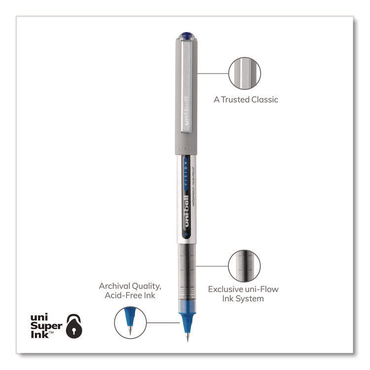 VISION Rollerball Pen, Stick, Fine 0.7 mm, Blue Ink, Silver/Blue/Clear Barrel, Dozen