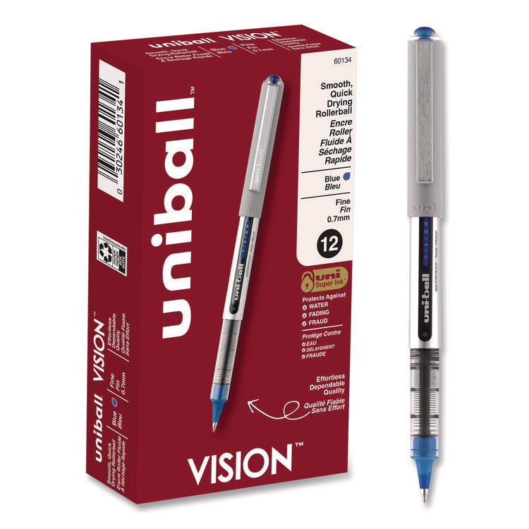VISION Rollerball Pen, Stick, Fine 0.7 mm, Blue Ink, Silver/Blue/Clear Barrel, Dozen