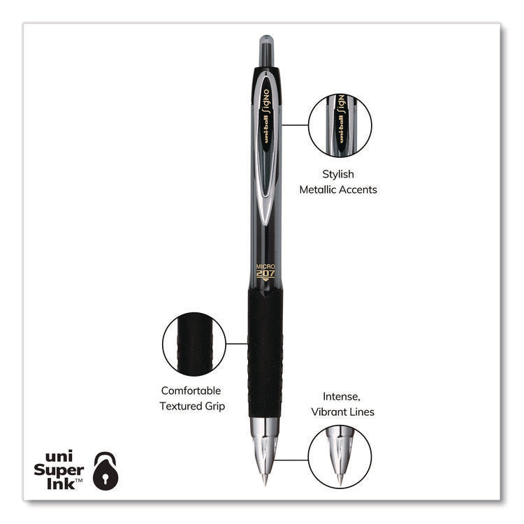 Signo 207 Gel Pen, Retractable, Fine 0.5 mm, Black Ink, Smoke/Black Barrel, Dozen