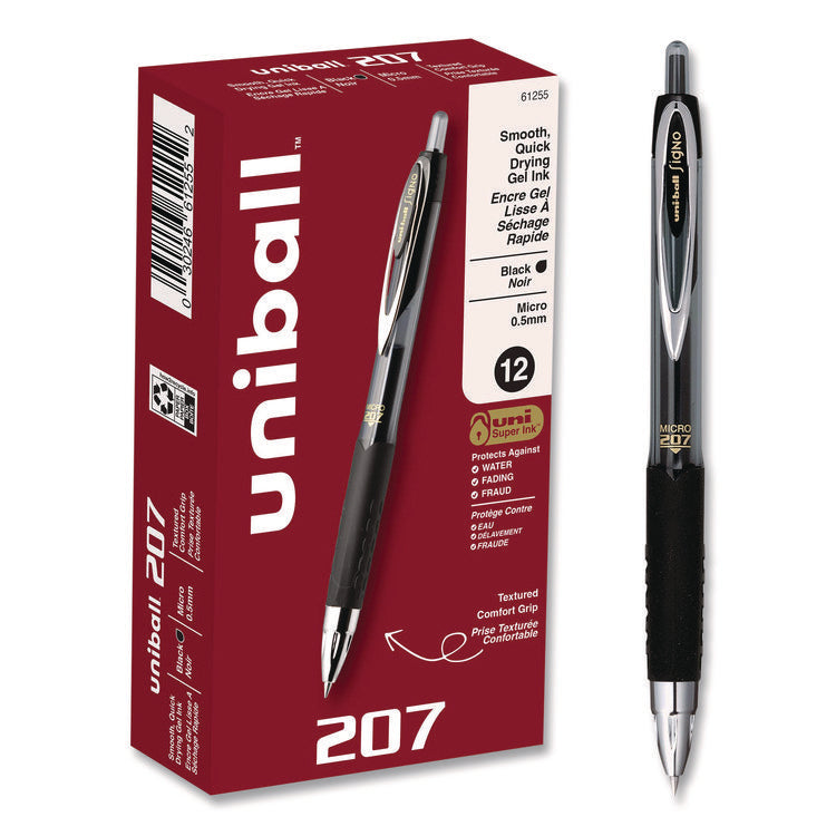 Signo 207 Gel Pen, Retractable, Fine 0.5 mm, Black Ink, Smoke/Black Barrel, Dozen