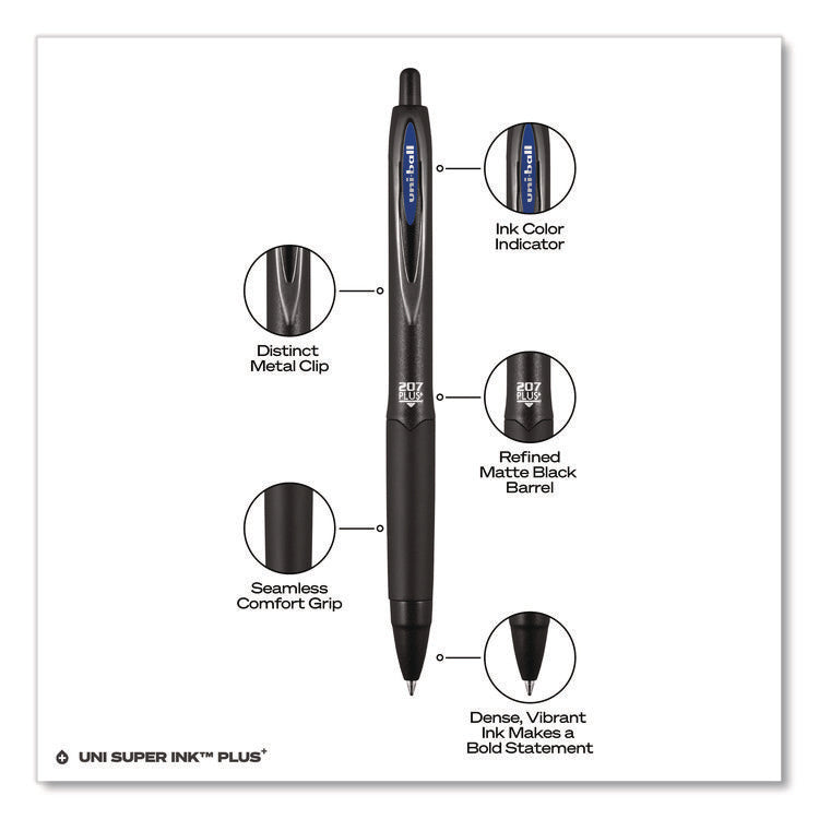 207 Plus+ Gel Pen, Retractable, Medium 0.7 mm, Blue Ink, Black Barrel, 4/Pack