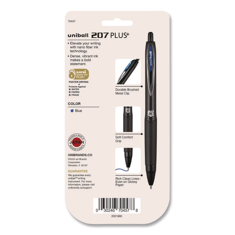 207 Plus+ Gel Pen, Retractable, Medium 0.7 mm, Blue Ink, Black Barrel, 4/Pack