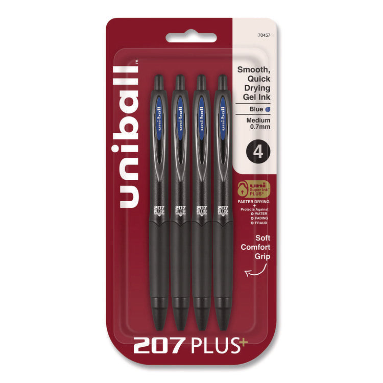 207 Plus+ Gel Pen, Retractable, Medium 0.7 mm, Blue Ink, Black Barrel, 4/Pack