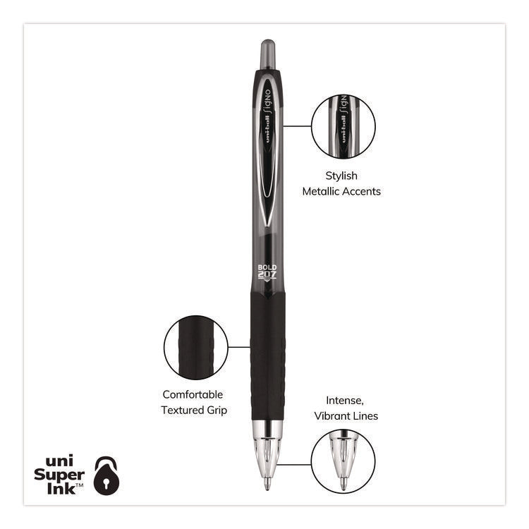 Signo 207 Gel Pen, Retractable, Bold 1 mm, Black Ink, Smoke/Black Barrel, Dozen