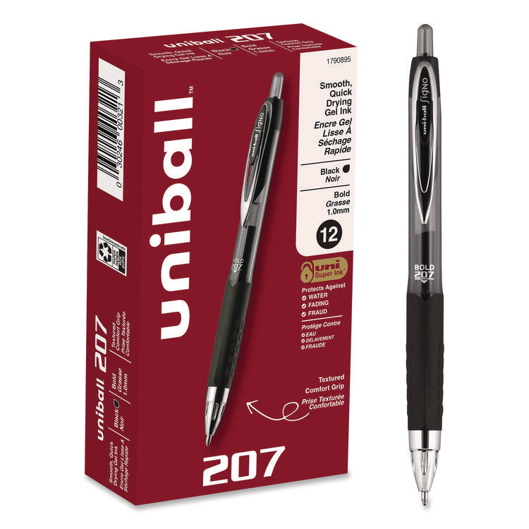 Signo 207 Gel Pen, Retractable, Bold 1 mm, Black Ink, Smoke/Black Barrel, Dozen