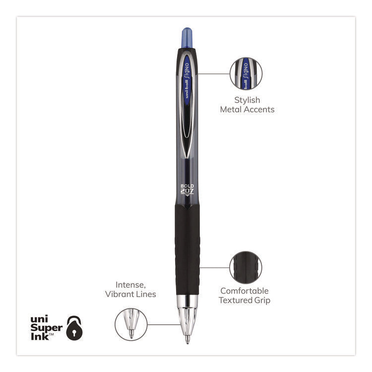 Signo 207 Gel Pen, Retractable, Bold 1 mm, Blue Ink, Smoke/Black/Blue Barrel, Dozen