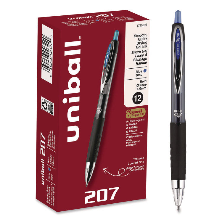 Signo 207 Gel Pen, Retractable, Bold 1 mm, Blue Ink, Smoke/Black/Blue Barrel, Dozen