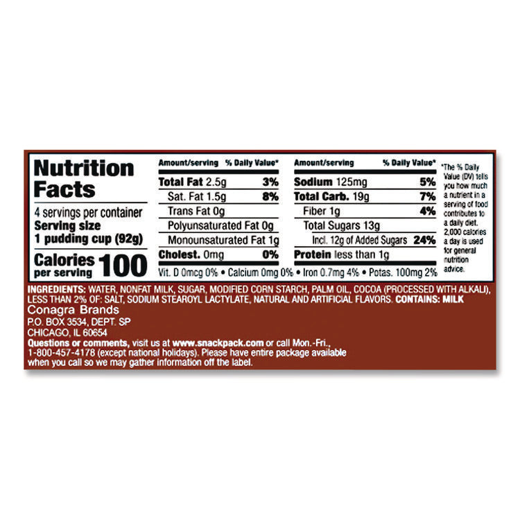 Pudding Cups, Chocolate, 3.5 Oz Cup, 48/carton