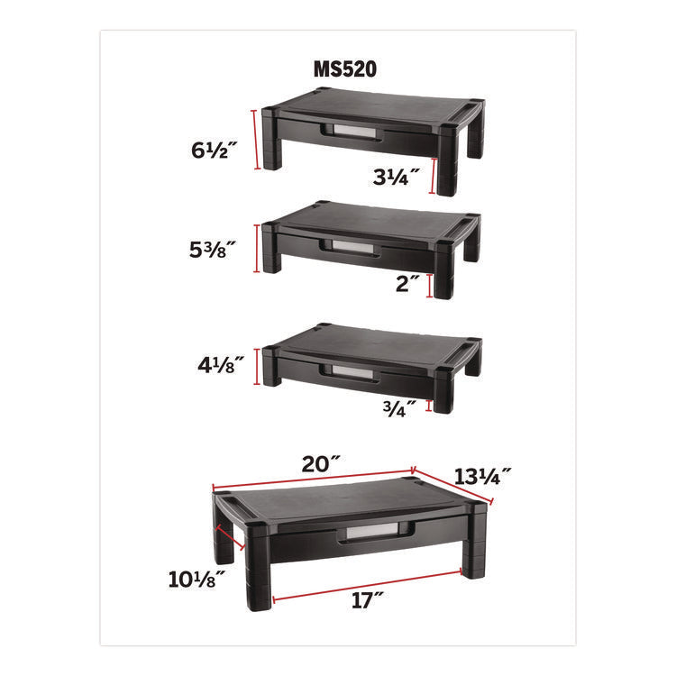 Wide Deluxe Two-Level Monitor Stand With Drawer, 20" X 13.25" X 3" To 6.5", Black, Supports 50 Lbs