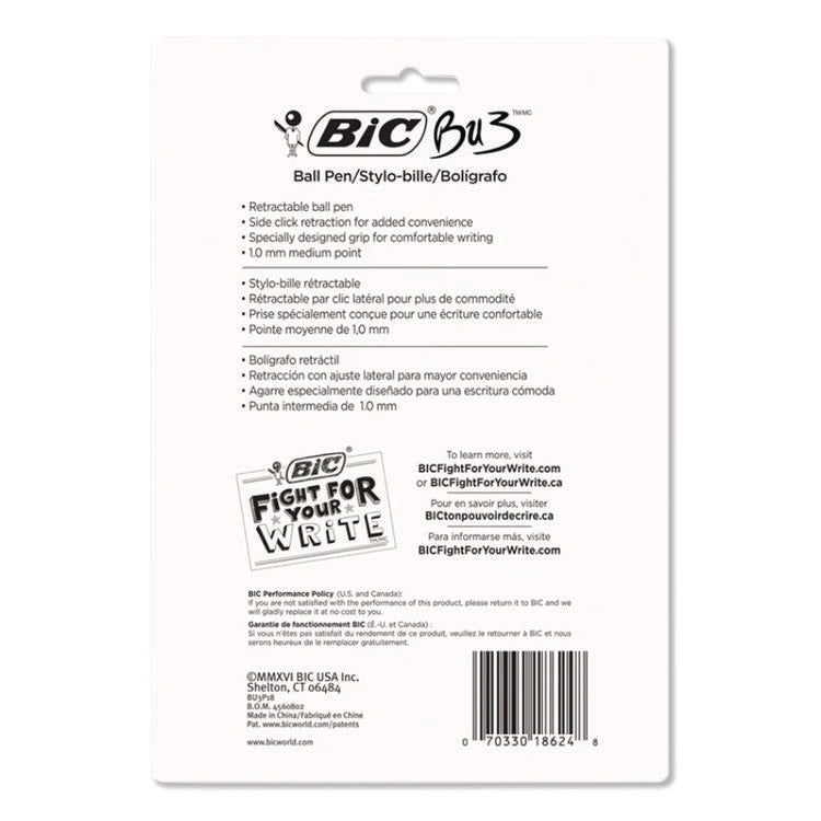 BU3 BALLPOINT PEN, RETRACTABLE, MEDIUM 1 MM, ASSORTED INK AND BARREL COLORS, 18/PACK