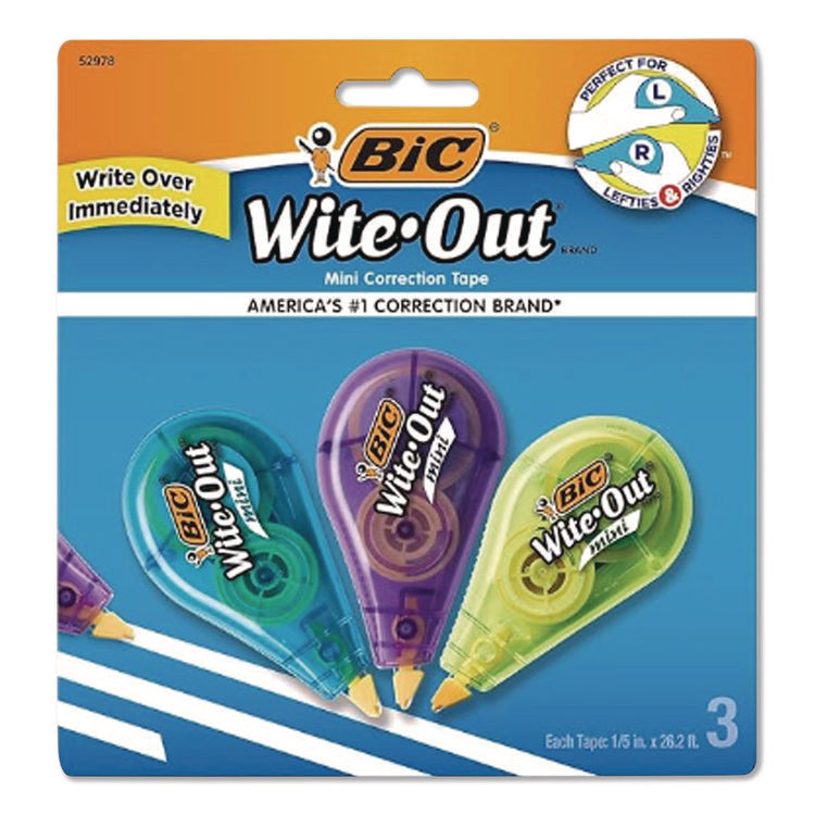 Wite-Out Brand Mini Correction Tape, Non-Refillable, Blue/Purple/Yellow Applicators, 0.2" x 314.4", 3/Pack